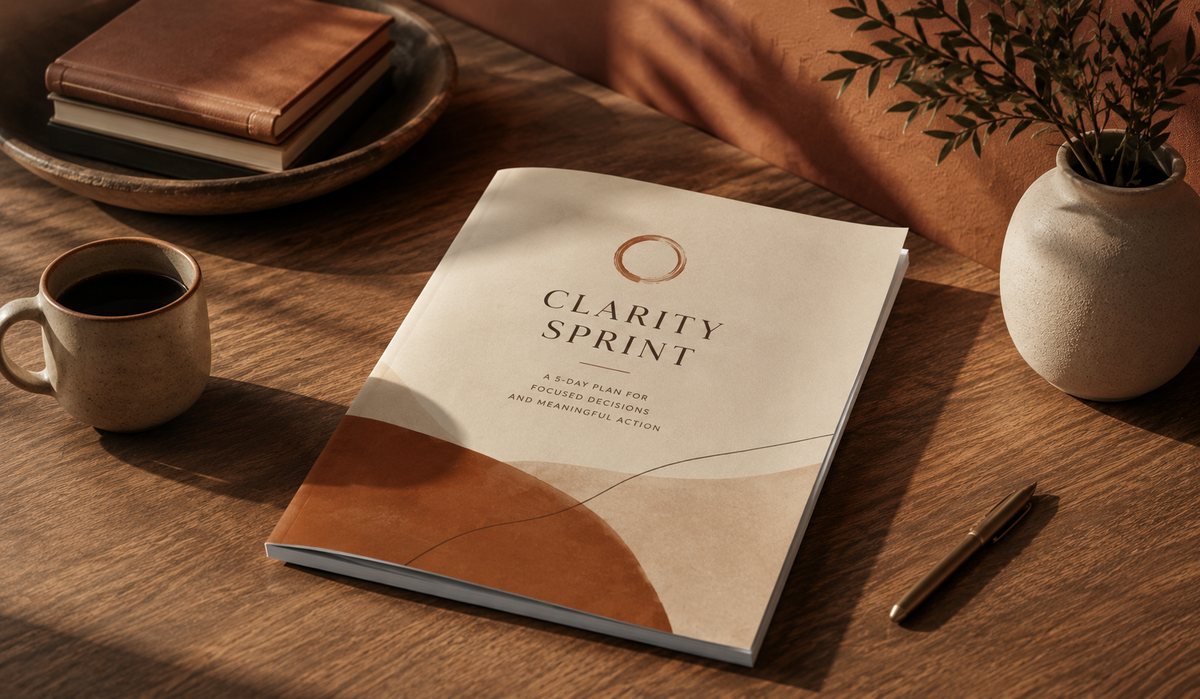 Clarity Sprint guide cover on a wooden desk